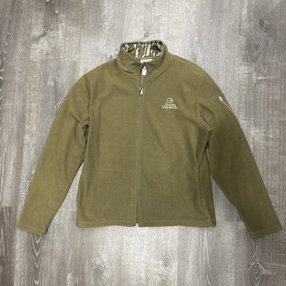 Ducks Unlimited Jackets & Blazers - Ducks Unlimited Fleece Jacket Full Zip Olive Green Camo Collar Mens Size Large